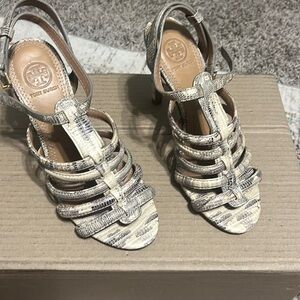Snake skin looking Tory Burch heels